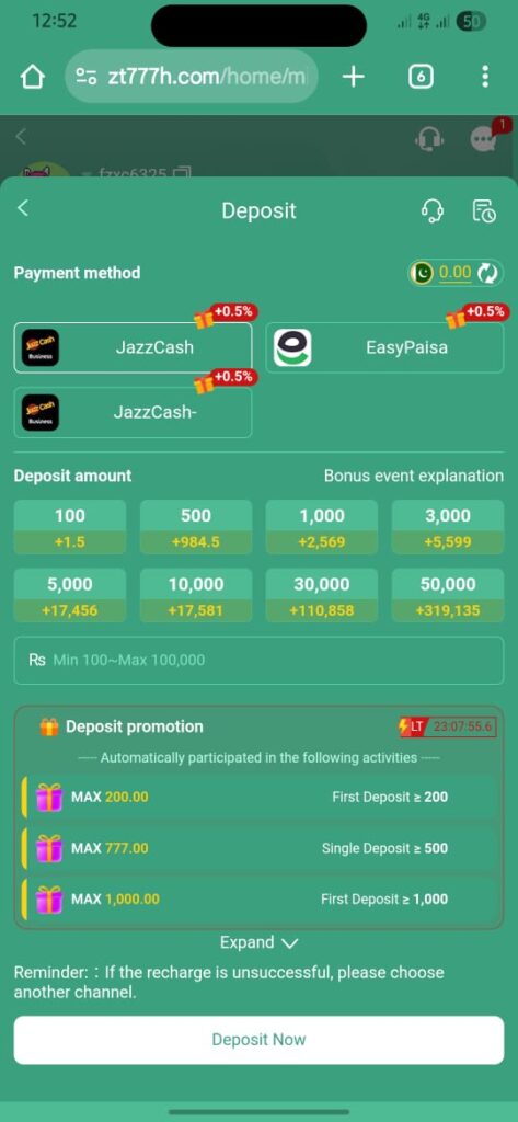 ZT 777 Deposit Pakistan