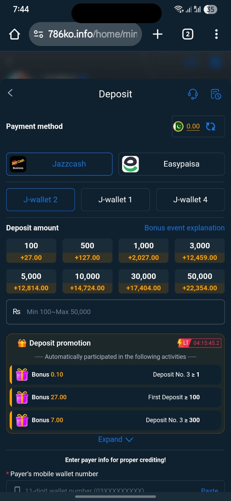 786 KO Deposit Pakistan