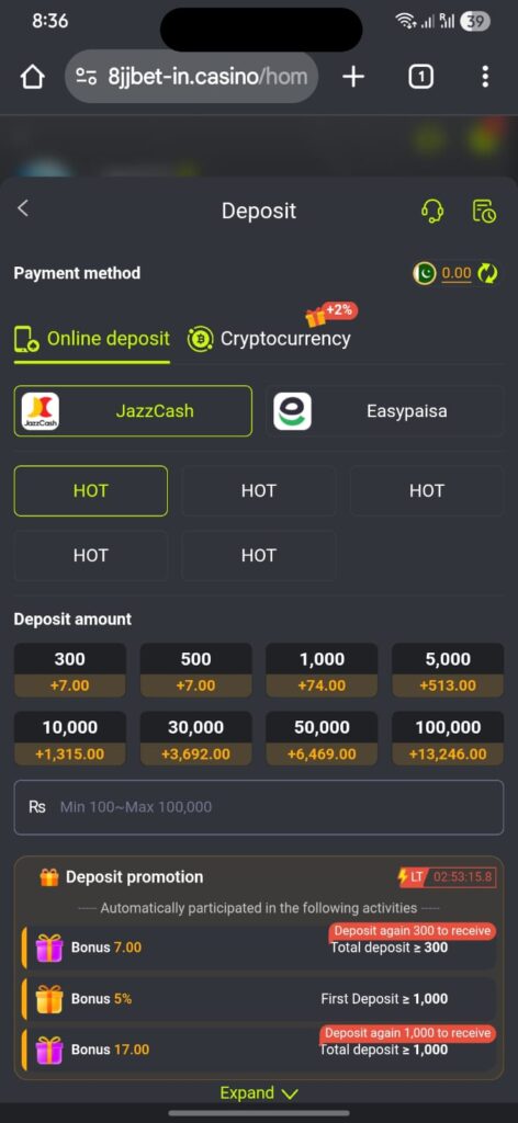 8JJ Bet Deposit Pakistan