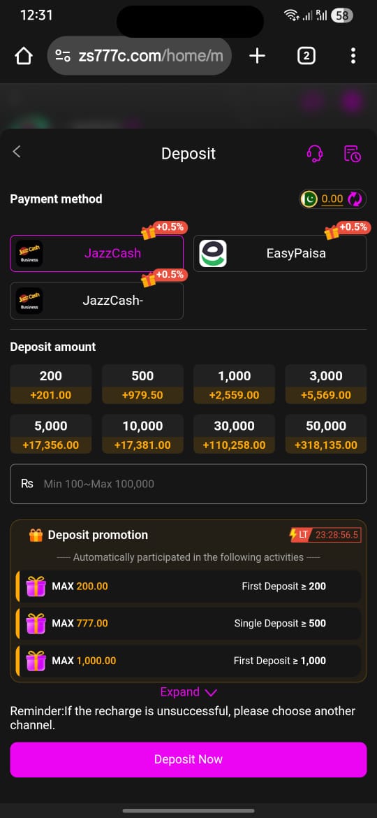 ZS777 Deposit Pakistan